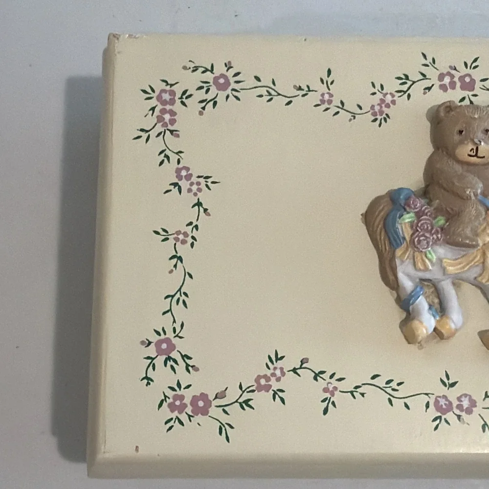Vtg MELE Wooden Jewelry Box 3D Resin Teddy Bear Riding Carousel Horse 7